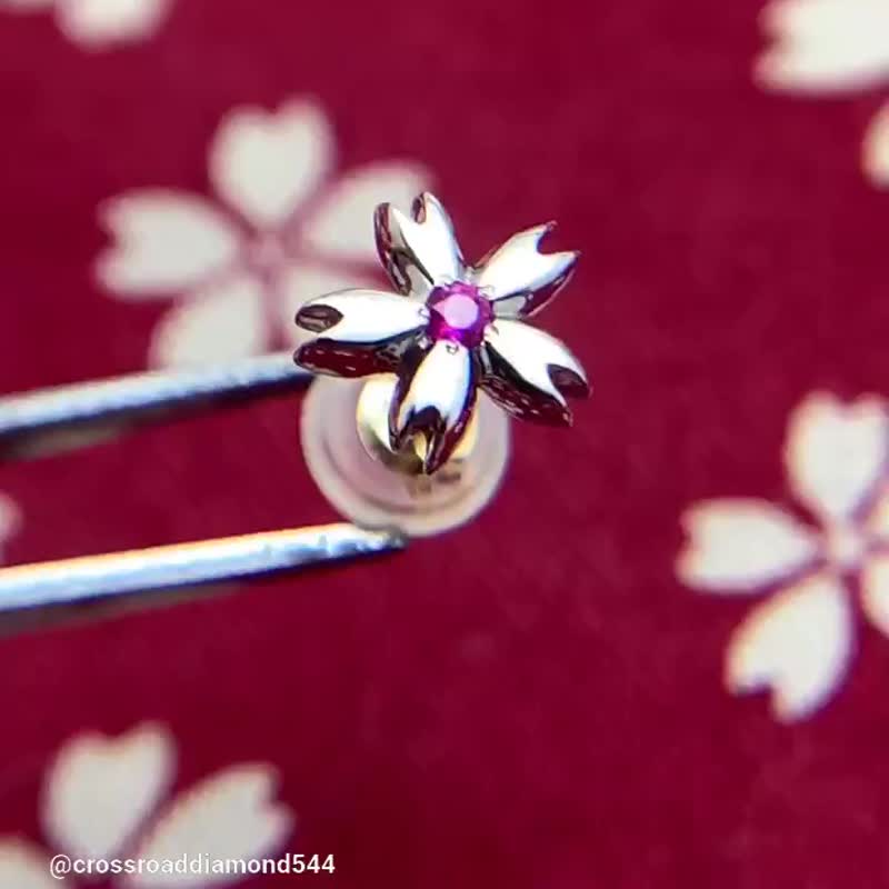 platinum cherry blossom earrings,ruby,sakura,japanese style,made in japan - ต่างหู - เครื่องประดับ สีเงิน
