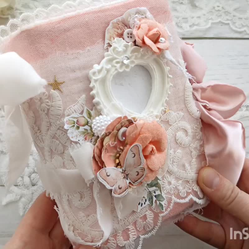 Pastel rose junk journal handmade blank Lace flowers Woman floral notebook - 筆記本/手帳 - 紙 粉紅色