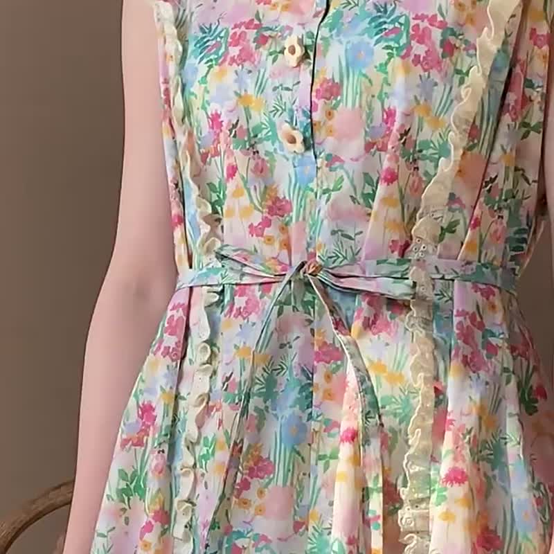 Colorful Summer U-Neck Embroidered Lace Floral Sleeveless Dress Back Waist Tie Sleeveless Dress - ชุดเดรส - ผ้าฝ้าย/ผ้าลินิน หลากหลายสี
