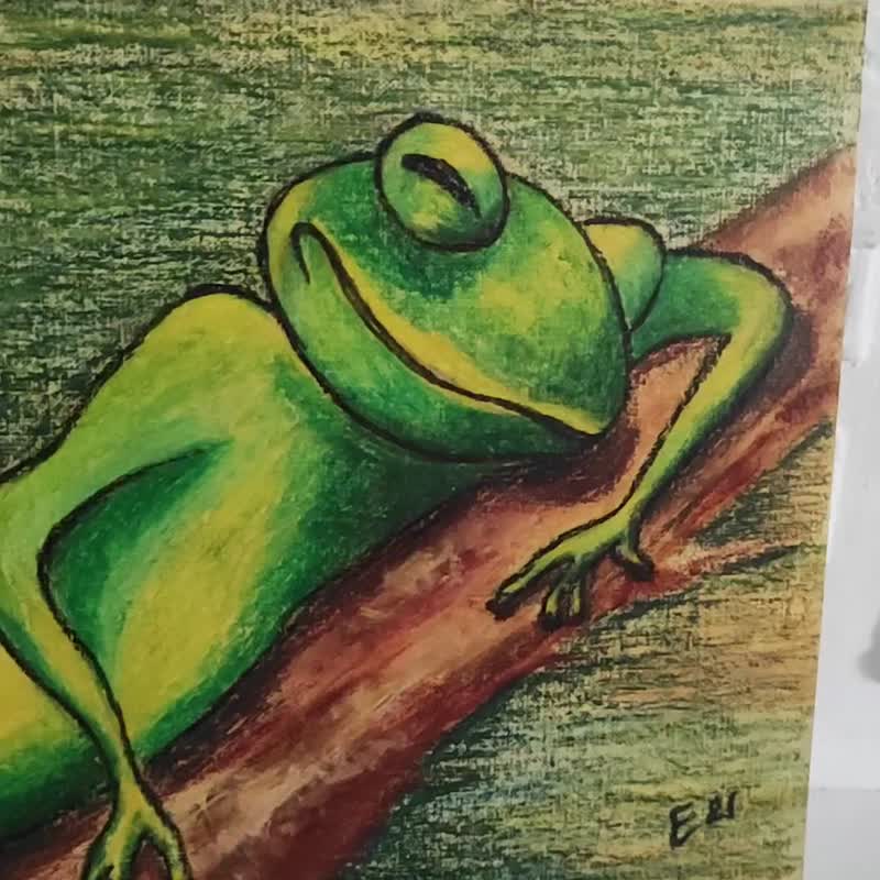 Oil Pastel Painting Frog Handmade Reptile Painting Minimalism - ตกแต่งผนัง - กระดาษ หลากหลายสี