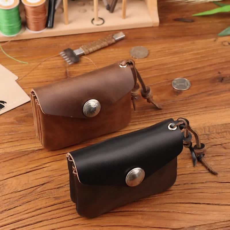 Handmade Leather Coin Purse Retro Double Coin Pack US Horween Small Wallet - Coin Purses - Genuine Leather Black