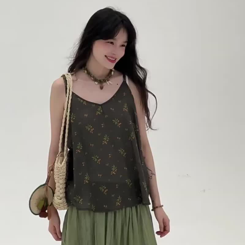 2顏色 苧麻山野花細肩帶上衣 日系文藝復古內搭吊帶背心 - 背心/無袖上衣 - 棉．麻 咖啡色