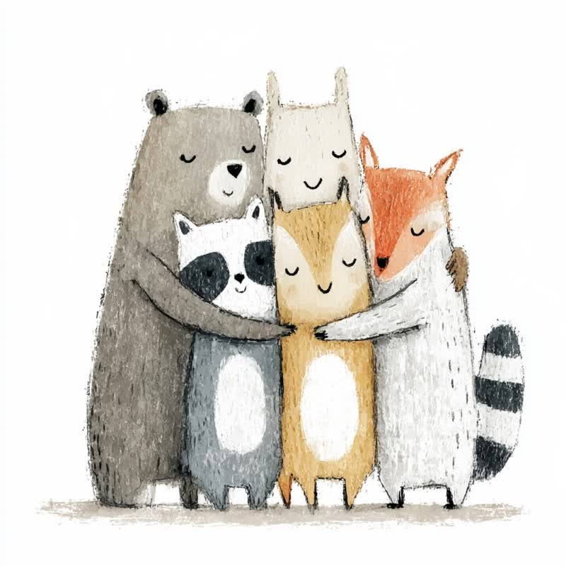 The Big Hug Whimsical Forest Illustration Giclée Cute Animal Family Art Print for Children's Room Nursery Decor - โปสเตอร์ - ผ้าฝ้าย/ผ้าลินิน 
