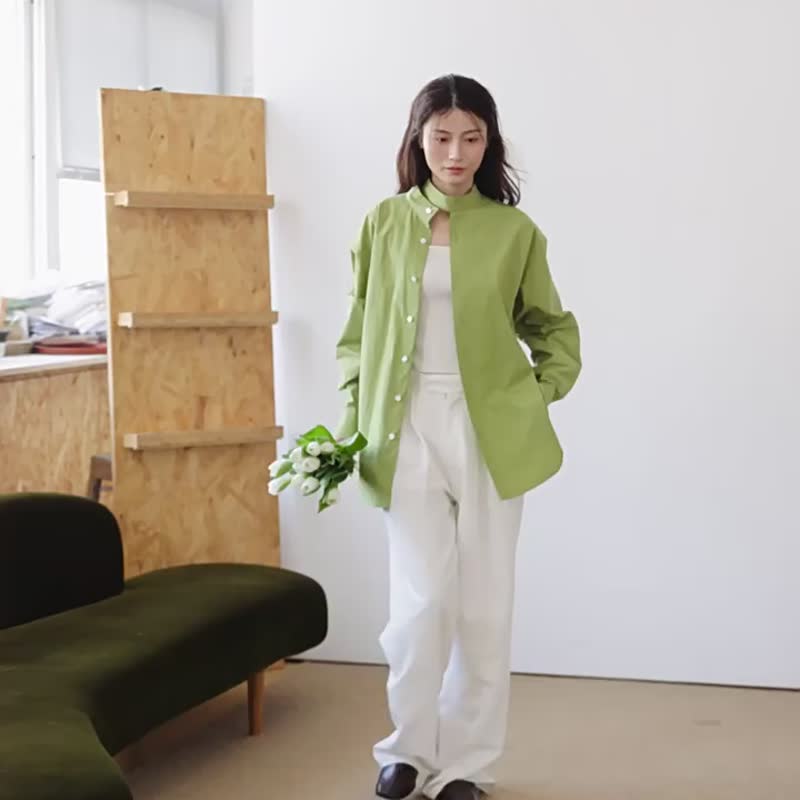 芽綠色 3色 頸間的翅膀 多色飄帶休閒通勤日常長袖襯衫 - 女襯衫 - 棉．麻 綠色