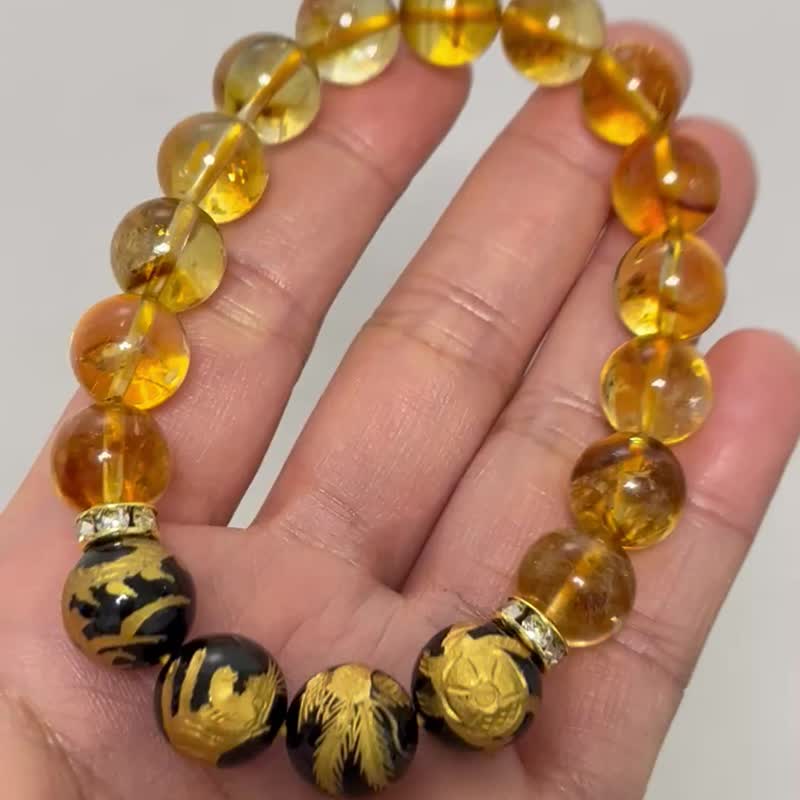 日本人氣 金雕四神獸黑瑪瑙 x 黃塔山 五行水晶手串 土屬性 12mm - 手鍊/手鐲 - 半寶石 黃色