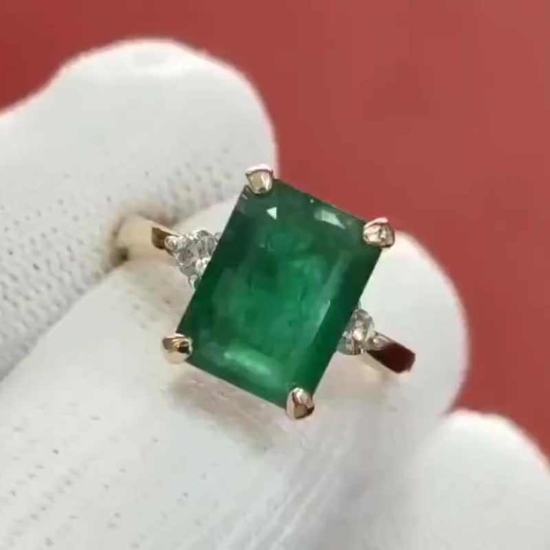 AAA Genuine Emerald ring 14k Yellow Gold Ring Diamond ring proposal ring engage - 戒指 - 寶石 綠色