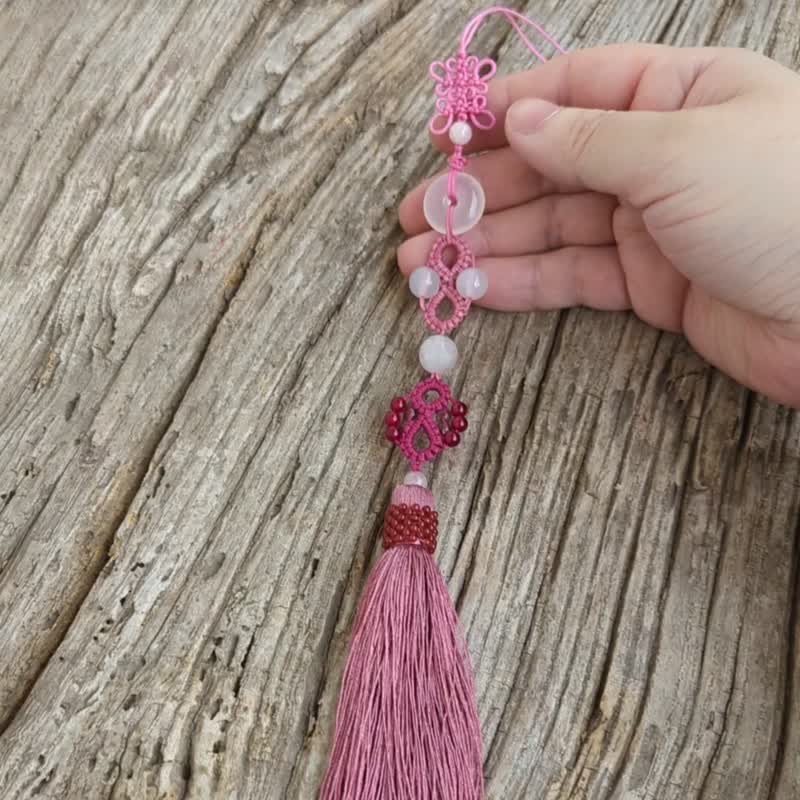 Pendant with tassels, tassels, placket buckle, Hanfu accessories, fan pendant, mobile phone pendant, sapphire pink agate bead ring - พวงกุญแจ - คริสตัล สึชมพู