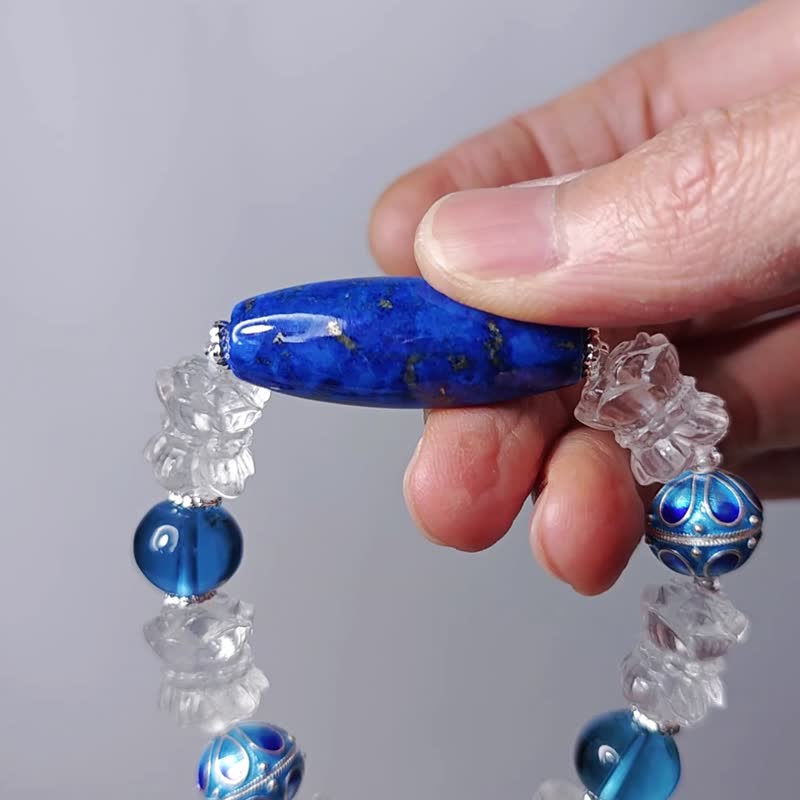 頂級青金石 藍曜石 白水晶蓮 瑪瑙古錢 正氣 招財 手鍊 單品 禮物 - 手鍊/手環 - 寶石 藍色