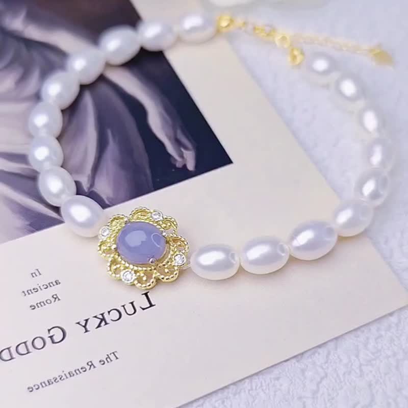 Noble luck | Natural pearls + red and purple jade | Natural Burmese grade A jadeite sterling silver pearl bracelet - สร้อยข้อมือ - หยก 