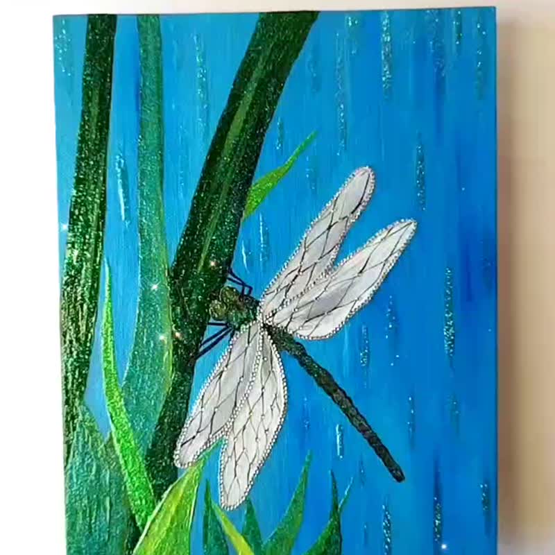 Dragonfly Insect Painting with Crystals 裝飾畫 Wall Decoration 藍染 裝飾 客廳 掛畫 Art - 壁貼/牆壁裝飾 - 壓克力 藍色