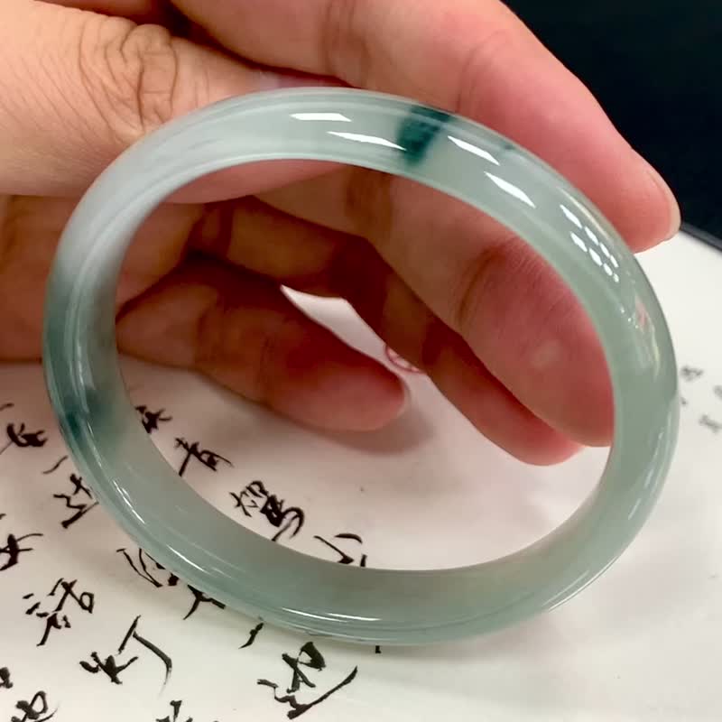冰種 天然翡翠 緬甸 A玉 玉鐲 • 冰種藍飄花翡翠貴妃鐲 - 手鍊/手環 - 玉石 藍色