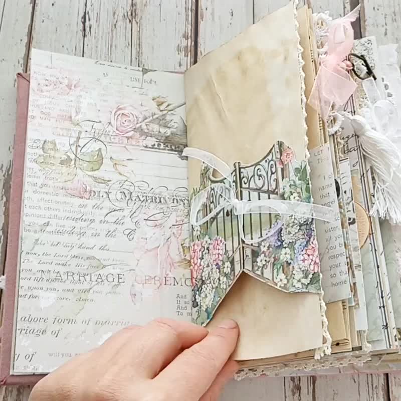 French roses junk journal handmade Elegant garden dairy Lace flowers notebook - Notebooks & Journals - Paper Pink