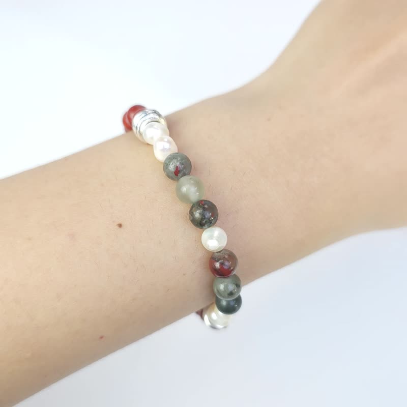 Feizhuzhicheng (Pearl/African Bloodstone/Red Jasper) (17 plus or minus 2cm) - สร้อยข้อมือ - ไข่มุก สีเขียว