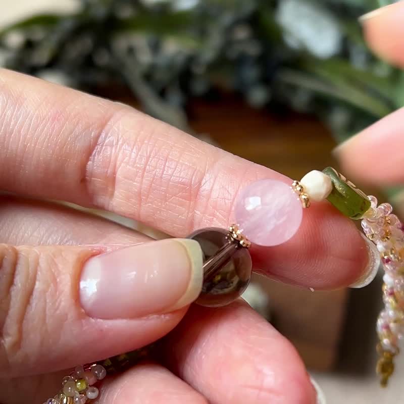 粉晶 茶晶 青春花季 玻璃米珠x天然石 串珠手鏈 - 手鍊/手環 - 水晶 粉紅色