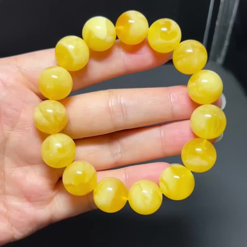 天然波羅的海蜜蠟圓珠手串 原礦無優化 俄料雞油黃飄白花 - 手鍊/手環 - 水晶 