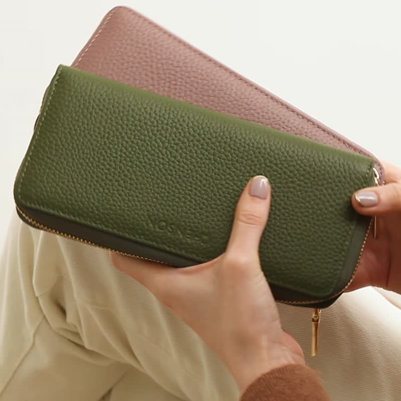 หนังแท้ การอัปเกรดกระเป๋าตังใบยาวซิปรอบ 12บัตรเครดิต สีเขียวเข้มCHENSON W21425-G - กระเป๋าสตางค์ - หนังแท้ สีเขียว