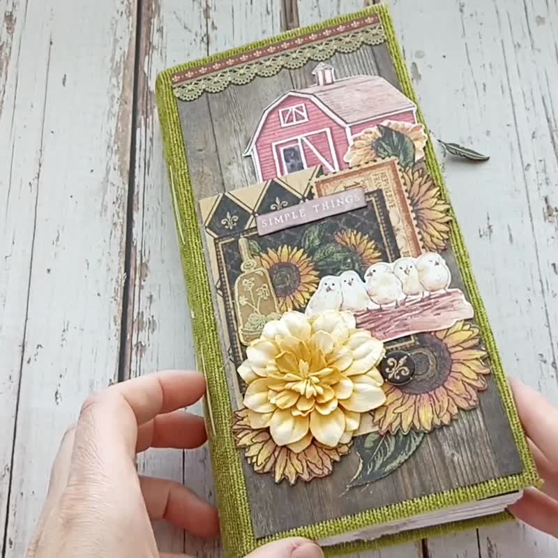 Farm house junk journal handmade Country sunflower junk book spring completed - สมุดบันทึก/สมุดปฏิทิน - กระดาษ สีเขียว