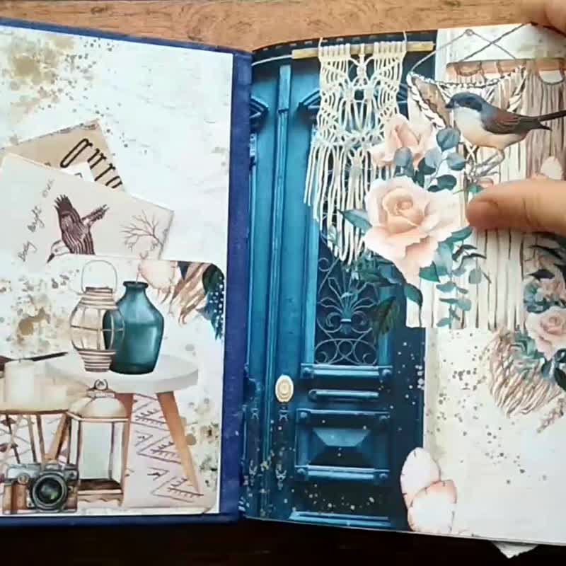 美麗的婚禮花束日記 手工製作的玫瑰筆記本 花邊浪漫日記 - 筆記簿/手帳 - 紙 藍色