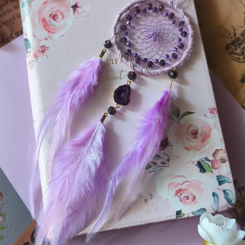 Light purple dream catcher car charm with crystal for rear view miror - ตกแต่งผนัง - งานปัก สีม่วง