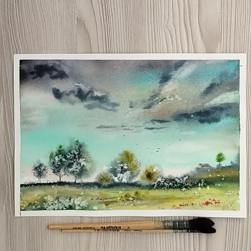 Summer Landscape Handmade Painting Rustic Original Watercolor Abstract Wall Art - 海報/掛畫/掛布 - 紙 多色