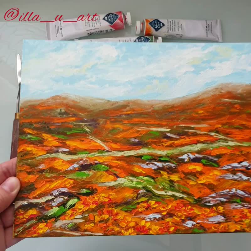 Poppy Painting Landscape Original Art Fields Artwork Floral Impasto Oil Painting - 海報/掛畫/掛布 - 其他材質 多色