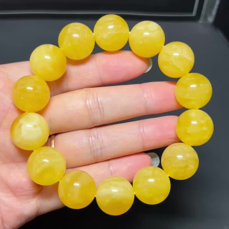 天然波羅的海蜜蠟圓珠手串 原礦無優化 俄料雞油黃飄白花 - 手鍊/手環 - 水晶 