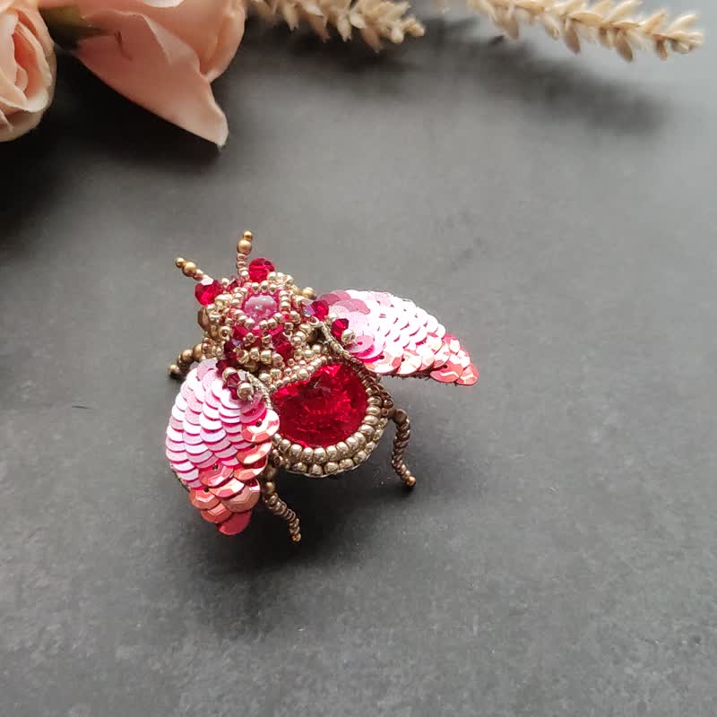Jewelry embroidery three-dimensional crystal insect brooch - bright red pearl bubble bug brooch - Brooches - Other Materials Red