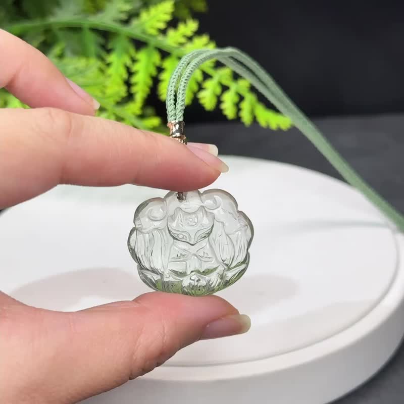 高品質如意平安鎖綠水晶吊墜項錬冰透凈體雙面立體手雕祈禱九尾狐 - 項鍊 - 水晶 綠色