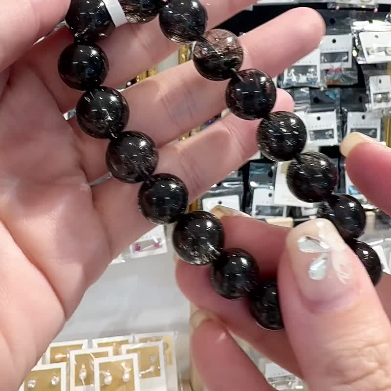 High-quality fireworks black hair crystal 11.5-12mm39.41g large bead crystal to ward off evil spirits and villains to eliminate negative energy - สร้อยข้อมือ - คริสตัล สีดำ