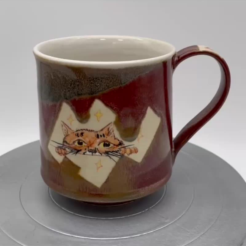 【陶佐陶 TAOZOTAO】Cat Mug - Red and White Glaze(Shiny Cat & Love Cat) - Cups - Porcelain Red