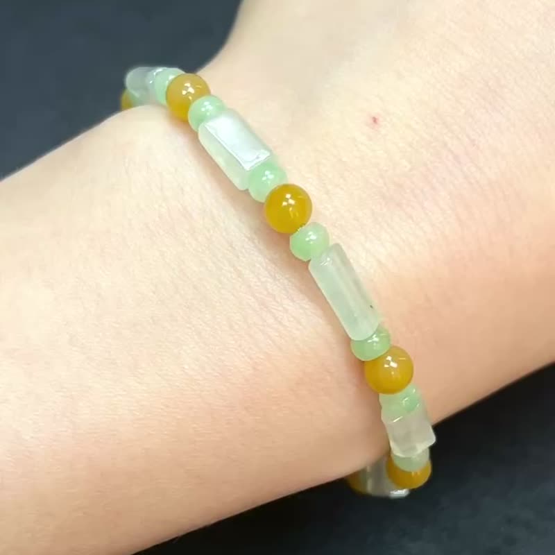 天然翡翠 緬甸 A玉 玉珠 玉鏈 手鏈 • 黃翡圓珠綠花牌翡翠手串 - 手鍊/手環 - 玉石 黃色