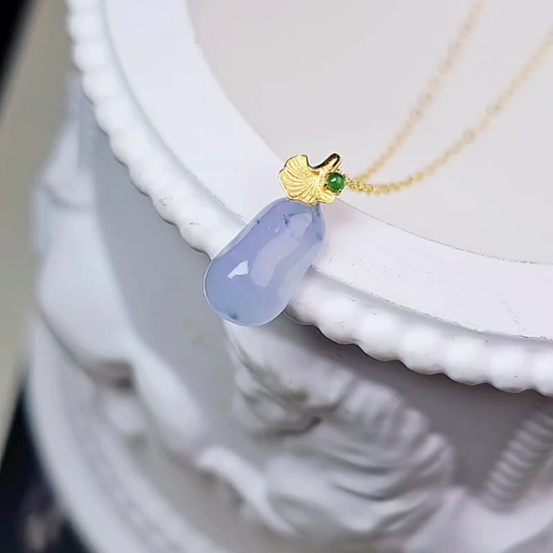 Blessings, Wealth, and Nobility | 18k ice glue blue and purple floating flowers melon | Burmese jade 18k ginkgo leaf pendant - สร้อยคอ - หยก 