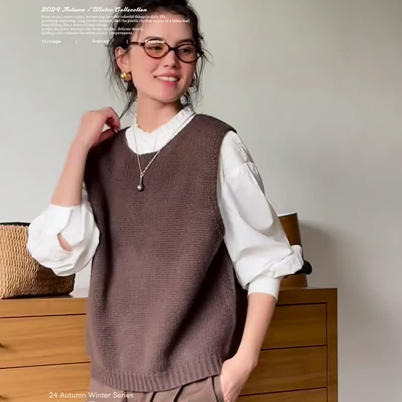 Lake blue/ Brown Sicily French retro wool knitted vest literary layered round neck sweater vest - Women's Sweaters - Wool Brown