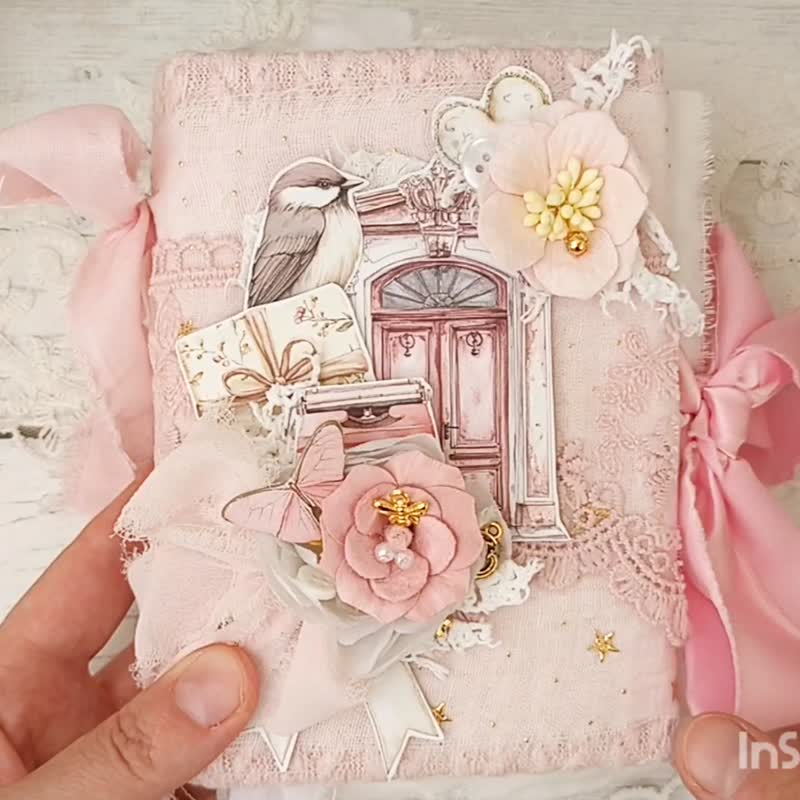 Lace rose door junk journal handmade blank Garden Flowers Birds wedding notebook - 筆記本/手帳 - 紙 粉紅色