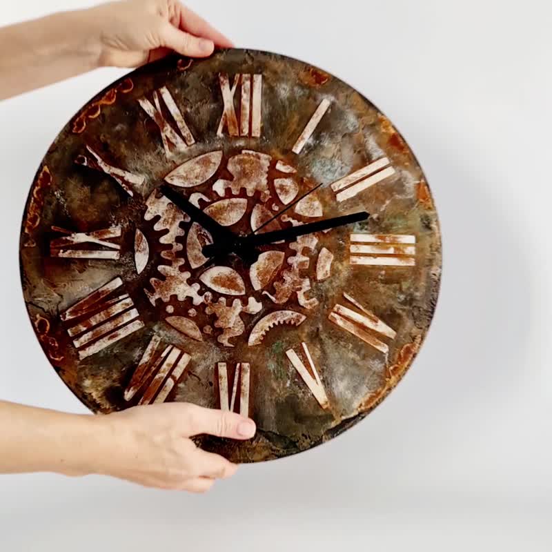 Large wall clock Art wall clock Rusty color Hand made unique wall clock - นาฬิกา - วัสดุอื่นๆ สีนำ้ตาล