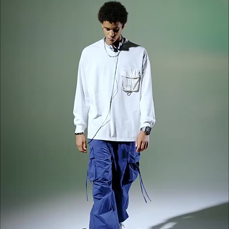 Men's slacks are multiple bags of ribbon overalls - กางเกงขายาว - ผ้าฝ้าย/ผ้าลินิน 