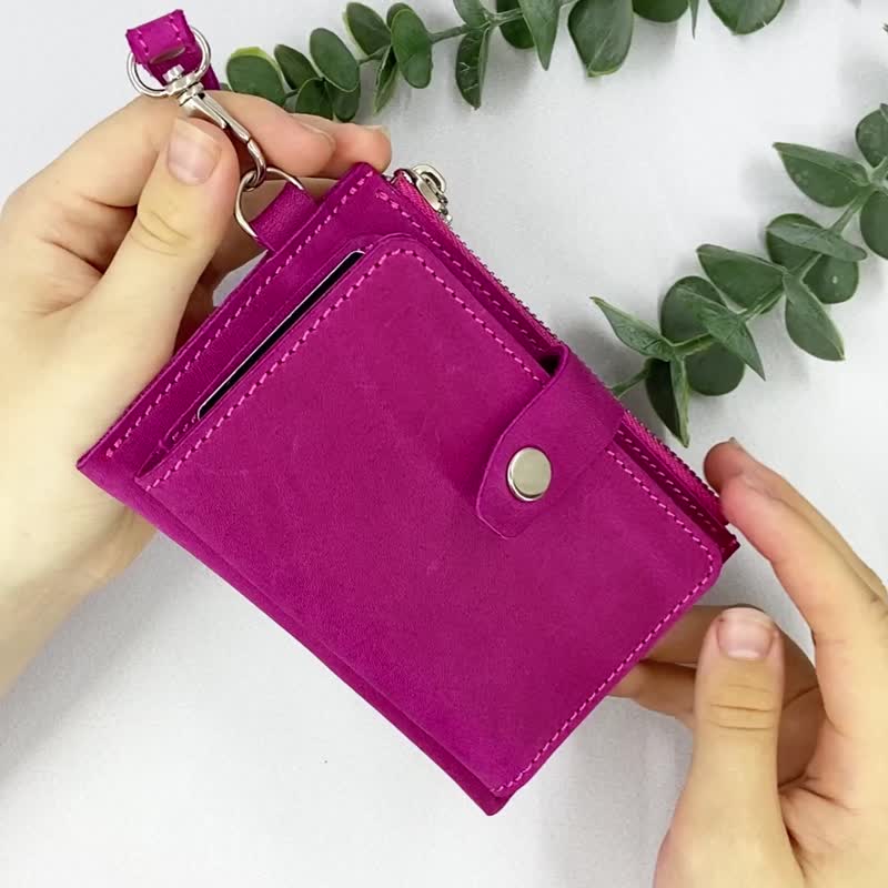 Pocket Small Wallet with Wrist Strap / Minimalist Personalized Leather Purse - 銀包 - 真皮 粉紅色