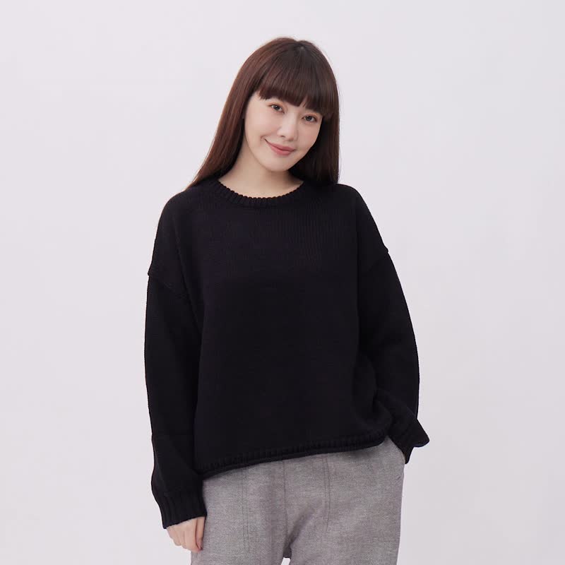 Elva Round Neck Relaxed Fit Sweater Top - Women's Sweaters - Cotton & Hemp Black