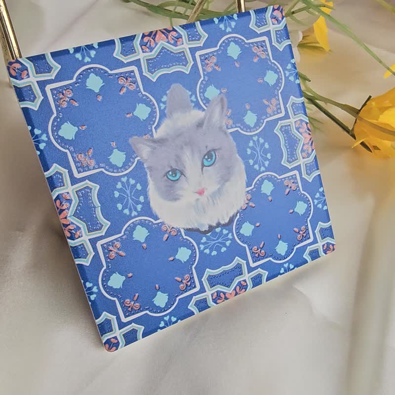 Yingge Ceramic Hand-Painted Floral Tile Cat Coasters - ที่รองแก้ว - เครื่องลายคราม 