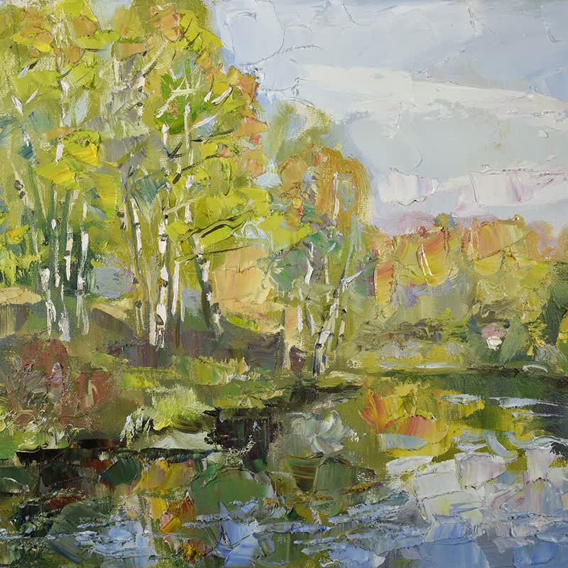 Nature Lake Painting Spring Landscape Original Artwork Impressionism Plein Air - โปสเตอร์ - วัสดุอื่นๆ หลากหลายสี