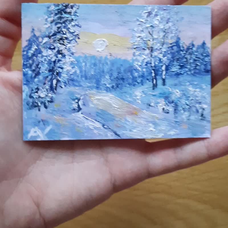 Winter Wonderland Original Oil Painting, Snowy Landscape ACEO, Impasto Artwork - ตกแต่งผนัง - กระดาษ 