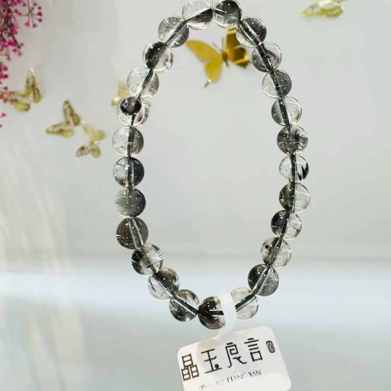 天然玻璃透厚絲羽毛黑銀鈦7mm13g手珠主招財納寶驅邪避煞防小 - 手鍊/手環 - 水晶 黑色