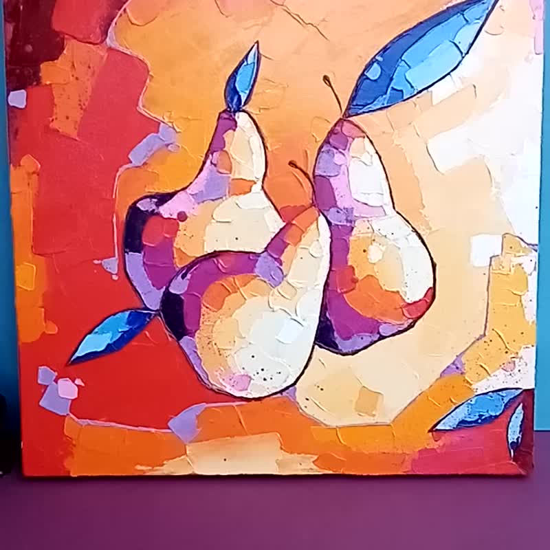 Pear Painting Fruit Original Art Absctract Artwork Kitchen Wall Art 40 by 40 cm - Posters - Other Materials Orange