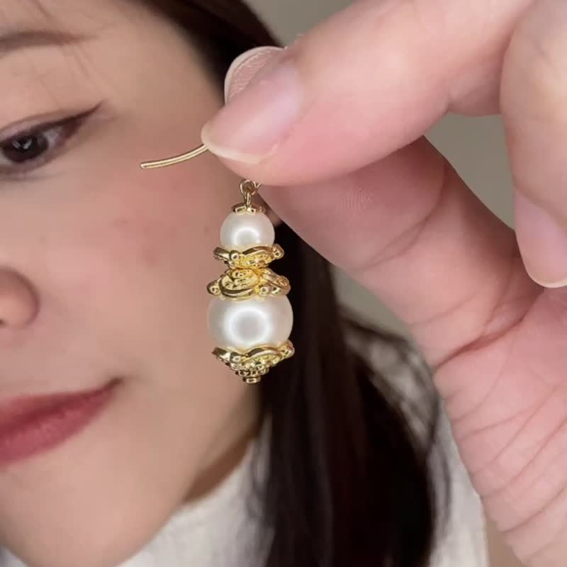 French white pearl double tower earrings - ต่างหู - เงินแท้ สีทอง