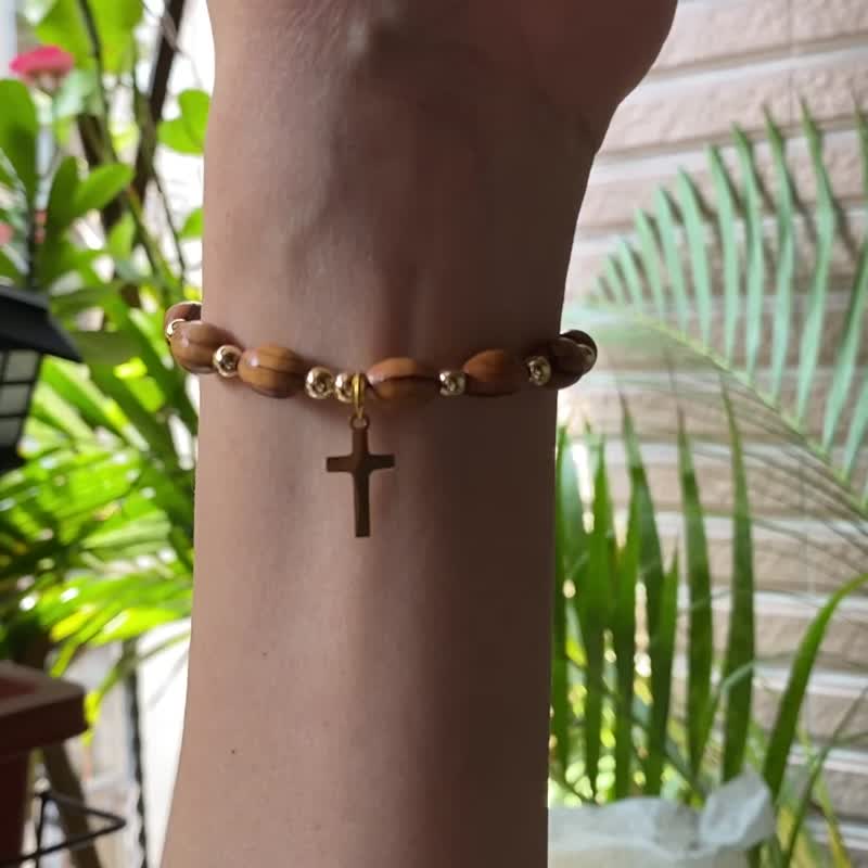 Bracelet,Imported9mmOval Olive Wood Bead,Gold Bead,Stainless cross Pendant - Bracelets - Wood Multicolor