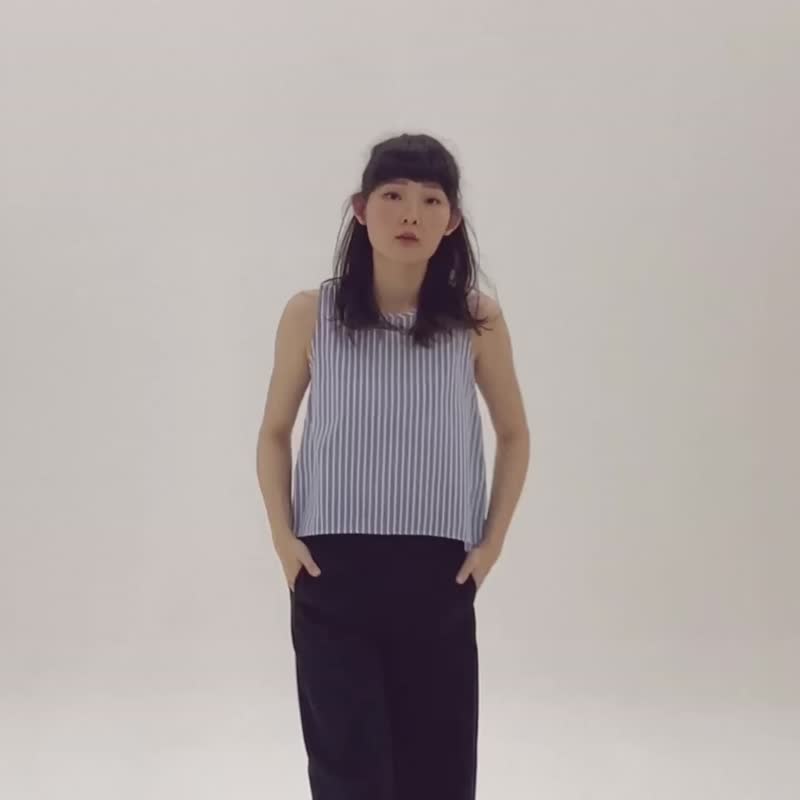 Linen Baby Cropped TANK TOP - Stripe Blue - 女上衣/長袖上衣 - 亞麻 藍色