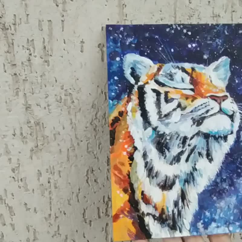Tiger Painting Big Cat Original Art Predator Snow Animal Acrylic Artwork - 海報/掛畫/掛布 - 紙 橘色