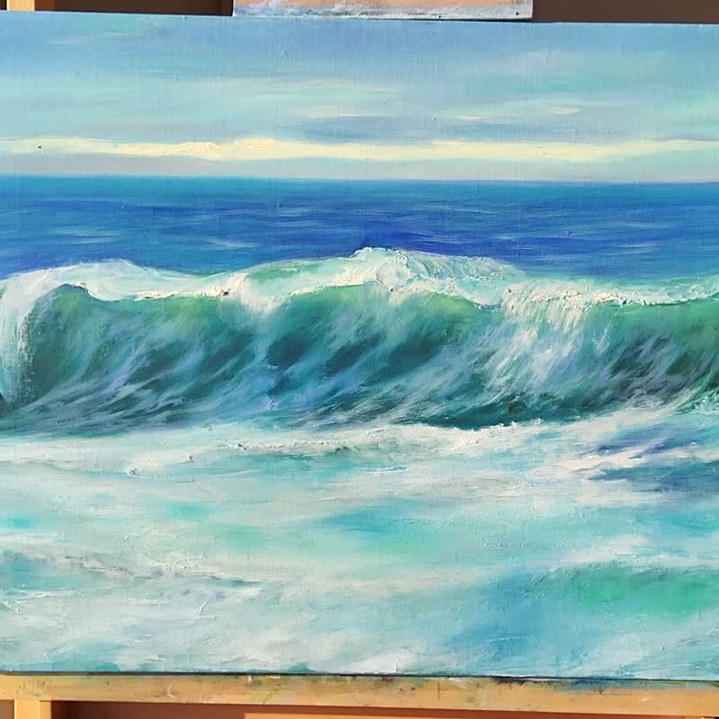Ocean Wave Painting Seascape Original Art Water Scene Artwork Sunset Canvas Art - 插畫/繪畫/寫字 - 亞麻 