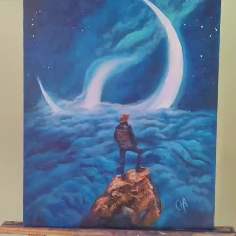 原創油畫。一幅超現實的畫面。岩石上的一個人。星夜。 - 海報/掛畫/掛布 - 棉．麻 藍色