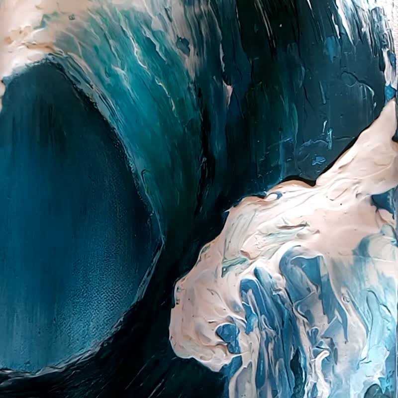 Wave, Abstract Art, Acrylic on Canvas, Blue Water, Sea Foam, Fluid Art - 海報/掛畫/掛布 - 壓克力 藍色